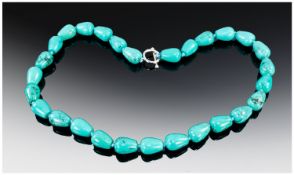 Turquoise Pear Drop Shaped Bead Necklace, Mojave Desert mined turquoise, hand knotted on silk with a