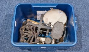 Misc Box Containing Kitchen Scales, Weights, Oddments etc.