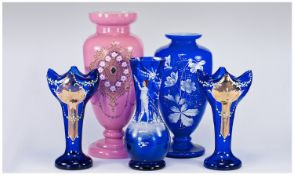 Collection of Victorian and Later Decorative Glassware comprising cobalt blue opalene baluster