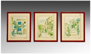 Set of Three Framed French Watercolours. Signed and titled in pencil. 1. Ramatuelle 2. Antibes 3.