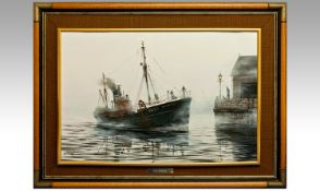 Keith Sutton 1924-1991 Oil on Canvas. Titled `Lord Nuffield`, `Last Port`. Framed 20 by 20 inches.