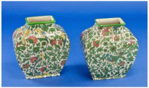 Pair of Mid 20th Century Chintz Vases, of tapering form, with green rims to necks, marked to