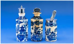 Royal Worcester Silver Topped Chinoiserie Blue and White 3 Piece Cruet Set. Complete with silver