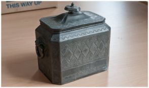 Late 19th Century Pewter Lidded Chest, of rectangular form, finial to top, with ring handles in