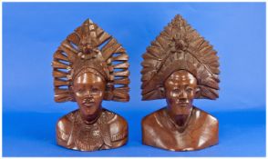 Pair Of Balinese Carved Wooden Figures, busts in headdress.