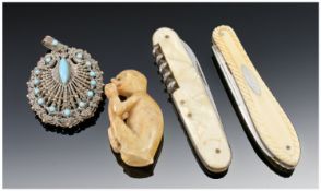 Mixed Lot Comprising Silver Bladed Fruit Knife, Mother Of Pearl Handled Pen Knife, Hard Stone Figure