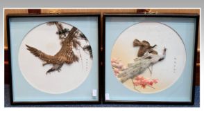 Two Japanese Wall Hangings/Pictures Both Framed And Glazed Showing Exotic Birds, 20 Inch Square.