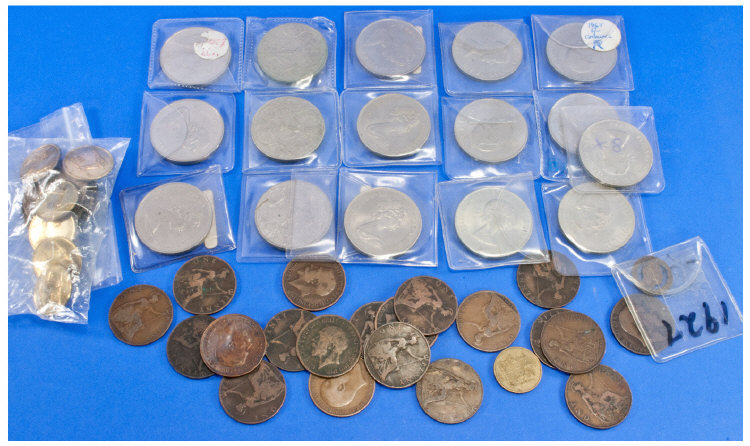 Collection Of Low Value Coins, Modern Crowns And Pennies + Military Buttons.