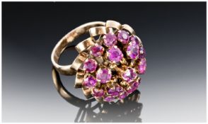 18ct Gold Set Ruby Cluster Ring, flowerhead setting. Old cut stones, stamped 18K. Vintage South