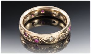 9ct Gold Ruby And Diamond Band, Fully Hallmarked. Ring Size M.