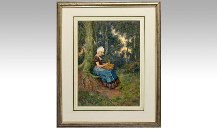 George Henry Alan Brown (b.1862), A Dutch girl seated at the foot of a tree, with a basket on her