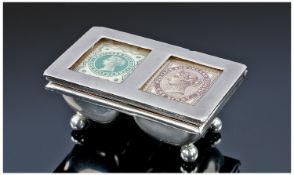 A Scarce Victorian SIlver Twin Compartment Stamp Box. Hinged lid, silver gilt interior and