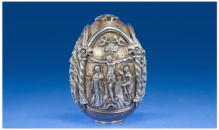 Greek Silver Festival Religious Egg. Raised Scenes of Christ With His Apostles And Angels. Marked To