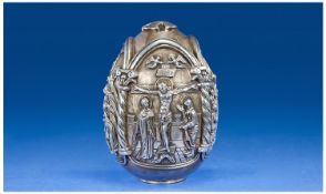 Greek Silver Festival Religious Egg. Raised Scenes of Christ With His Apostles And Angels. Marked To
