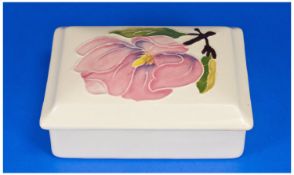 Moorcroft Rectangle Shaped Lidded Trinket Box `Coral Hibiscus` design. 4.75`` in width, 1.75`` in