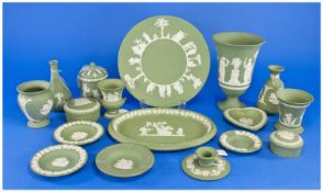 Collection of Green Wedgwood Jasperware, comprising vases, dishes, trays, trinkets, candleholder and