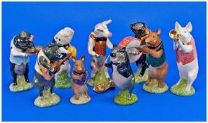 Beswick Ware Pig Band/Promenade, nine pieces, comprising 1. Matthew Trumpet Player, PP2, 2. David