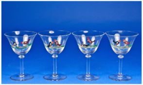 Set of Four 1950`s Cocktail Glasses, each with a cockeral scene on trumpet shaped bowls, knopped
