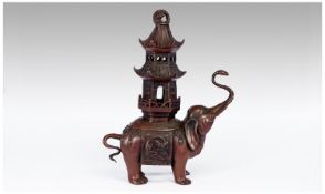 Chinese, Bronze, Elephant & Pagoda, Censer, superbly crafter with two dragon side panels and