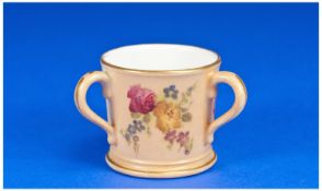 Royal Worcester Miniature Blush Ivory 3 Handled Cup, Hand finished floral scenes. Date 1908. 1.5``
