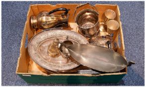 Box of Silver Plated Pewter, including tea pots, coffee pots, baskets, and various items.