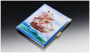 Enamelled Cigarette Case, The Hinged Front Showing An Image Of A Galleon Ship In Full Sail At Sea,
