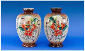 Pair of Late Victorian Opaline Glass Vases, of ovoid form, decorated to front with a hand painted