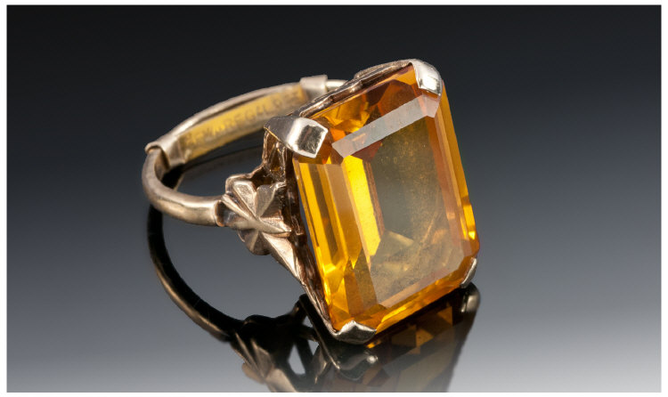 Ladies 9ct Gold Faceted Single Stone Emerald Cut Citrine large. Stamped 9ct 7.8 grams.