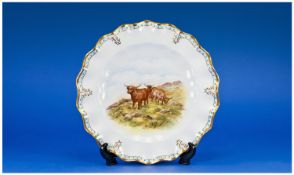 Royal Crown Derby Signed Highland Cattle Cabinet Plate with hand painted gilt & turquoise borders.