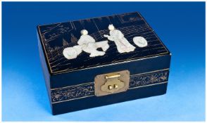 Black Lacquered Oriental Style Jewellery Box, The Hinged Lid With Mother Of Pearl Inlay, Gilt