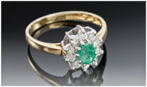 18ct Gold Diamond And Emerald Ring, Central Emerald Surrounded By Round Modern Brilliant Cut