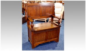 Mid 20th Century Oak Mews Bench, panelled back lidded seat, opening to reveal storage section