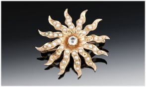 Edwardian 10ct Gold and Seed Pearl Star Brooch. Stamped 10kt 1.25 inches diameter.