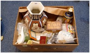 Box Of Misc Pottery And Collectables, Playing Cards, Vases, Match Striker Etc.