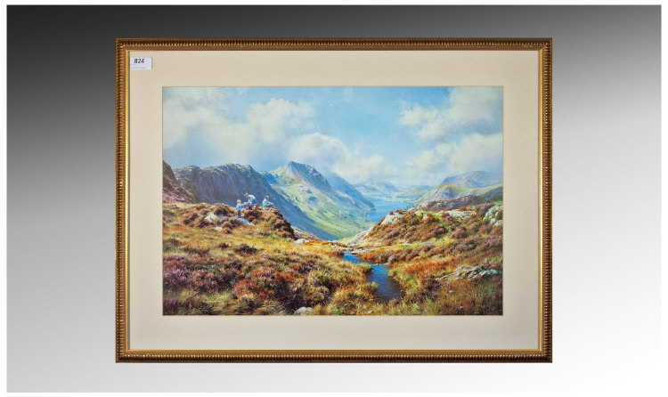 `Picnic At Buttermere,` Framed Coloured Print by Rex Preston. 31 by 23 inches (inc frame), Gilt