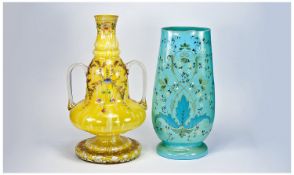 Two Early 20th Century Opaline Glass Vases, one of two handled form with floral decoration on a