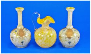Pair of Shaft and Globe Vaseline Glass Vases, decorated with yellow ground and white overlay, with
