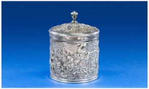 Dutch Fine 19th Century Silver Plated Repouse Circular Lidded Vase decorated in high relief.