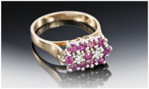 9ct Gold Ruby & Diamond Cluster Ring, Fully Hallmarked, Ring Size P.