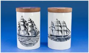 Pair of Portmeirion `Sailing Ships` Kitchen Jars, each showing a black printed ship in full sail