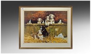 David Shepherd Framed Coloured Print `Border Collie Puppies in Barn` 28 by 23 inches (inc frame).