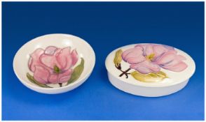 Moorcroft Oval Lidded Trinket Box `Pink Magnolia` Design on cream ground. 5.25 inches diameter. Plus