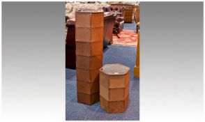 Pair of Leather Bound Contemporary Stands, each of hexagonal form, in tan brown, mirrored tops.