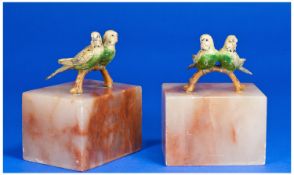 Cold Painted Art Deco Bronze & Marble Budgie Book Ends.