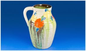Clarice Cliff Lotus Jug. Circa 1930`s Fruit and Drip Glaze Design. Marks to Base. 11.5 inches high.