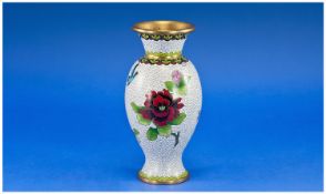 Cloisonne Baluster Vase, pink prunus blossom and red roses with a bluebird in flight on a white