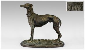 Lurcher/Greyhound Bronze Figure on oval plinth, signed Mene. 11 inches high.