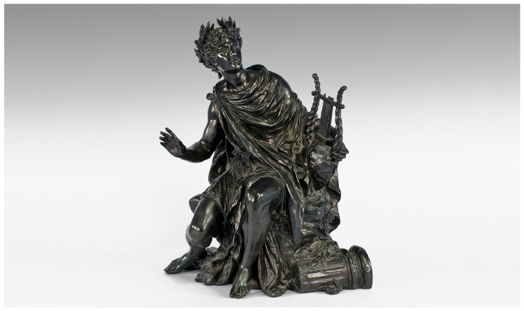 19th Century French Spelter Figure Of A Classical Muse Playing The Lute, after Pierre Eugene