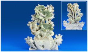 Chinese, Hand Carved, Ice Green & White, Hetian Jade Underwater Scenic Piece, featuring fish