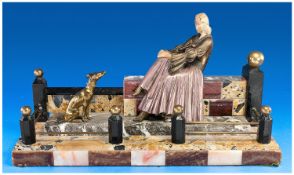 R. Lullier Signed Art Deco Cold Painted Metal Figure of a lady and her dog sitting on a Verander and